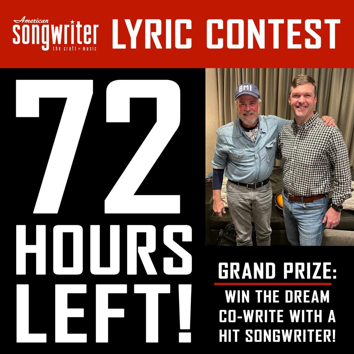 AmerSongwriter's tweet photo. 72 HOURS LEFT to submit to the Lyric Contest! 🚨 Enter now before it's too late 👉🏼 https://t.co/cqsGcBWOn5 #AmericanSongwriterContest #LyricContest #SongwriterContest https://t.co/0d3DFWlg2F