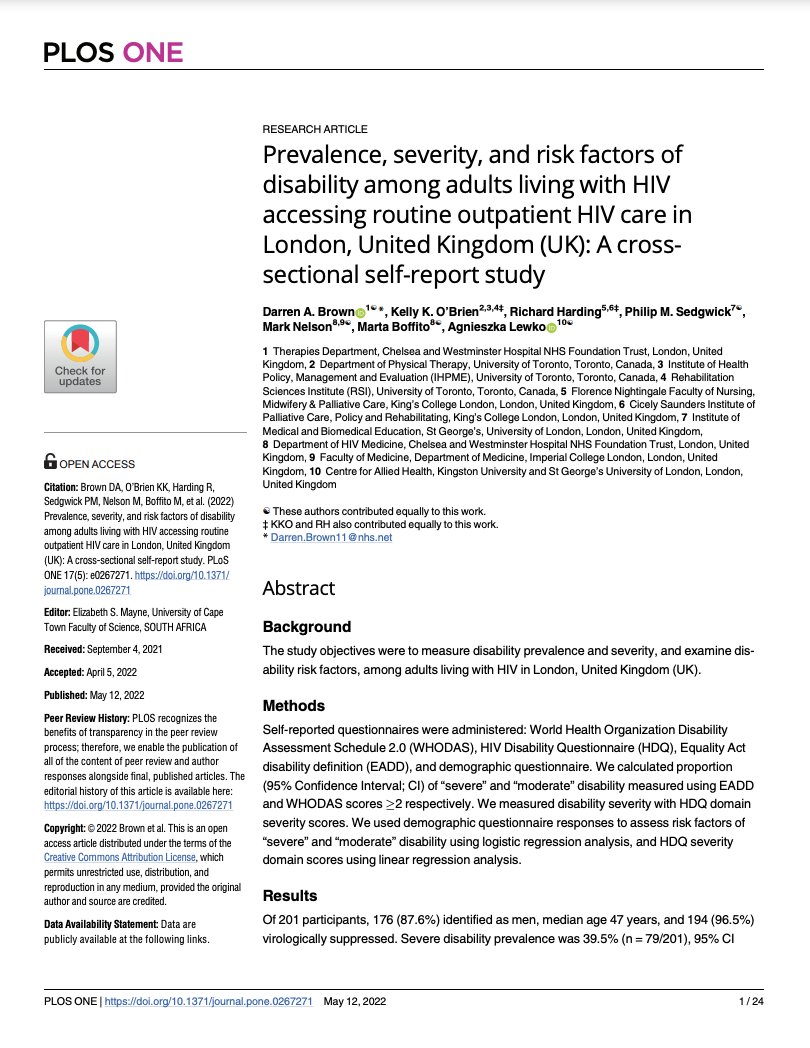 darrenabrown's tweet photo. Published in @PLOSONE "Prevalence, severity, and risk factors of disability among adults living with HIV accessing routine outpatient HIV care in London, UK: A cross-sectional self-report study" https://t.co/ZM5vNVowFp @KellyOBrien25 @AgnieszkaLewko #GlobalPT #HIVPhysio https://t.co/KZVSlDeGYE
