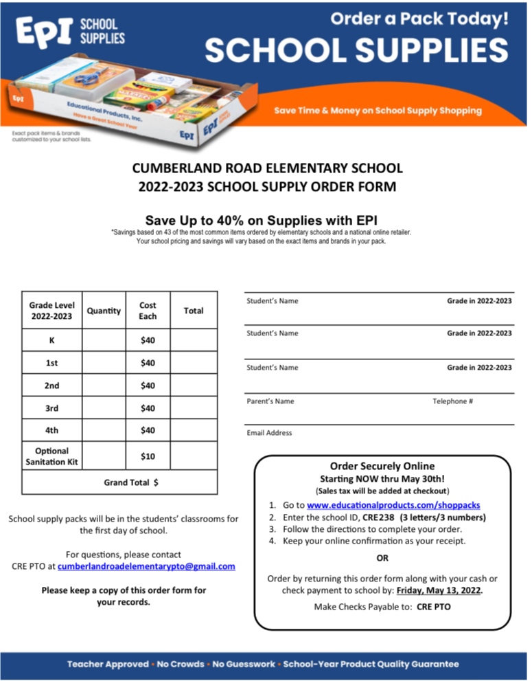 Order your school supplies for next year now! Paper forms due tomorrow!  School Code - CRE238

educationalproducts.com/shoppacks/