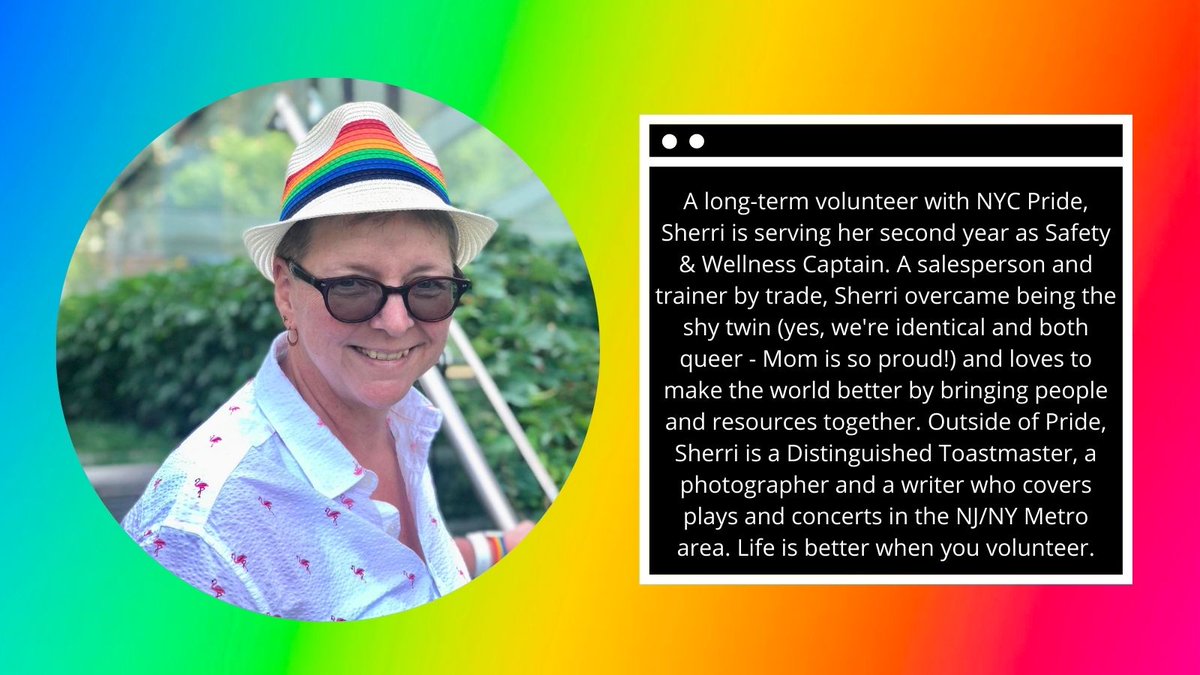 NYCPrideFest's tweet photo. Happy Friday-Eve! This week's #PeopleofPrideFest is Sherri Rase! Sherri is returning this year as our Safety &amp; Wellness Captain. Thank you for ensuring everyone's safety! https://t.co/4ficuTBdxJ