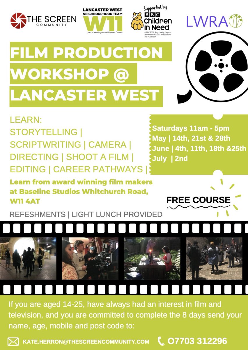 The Screen Film Community is running their landmark Film & TV Production Workshop for ages 14-25, starting Saturday 14th May 11am - 5pm. For a chance to join this project please email Kate.Herron@TheScreenCommunity.com or Tel: 07703 312296 Pop in and try it 🎞
