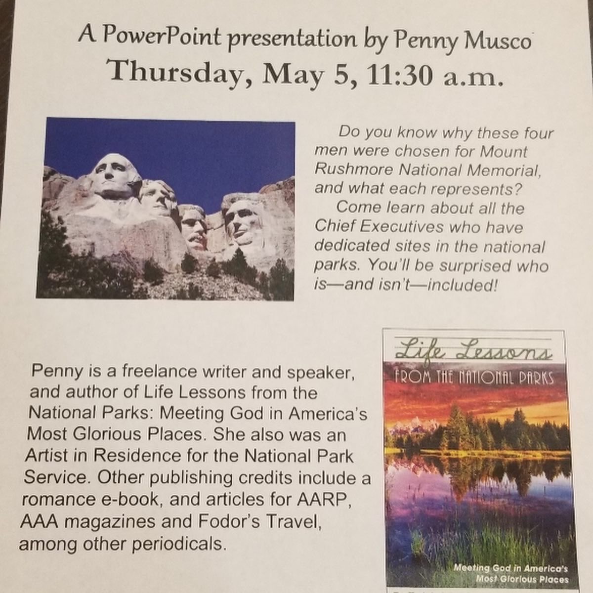 Sandalwoodvil's tweet photo. Last week our lecture series brought a presentation on Presidential Sites in Our National Parks by Penny Musco. #USAParks #LifeLongLearning https://t.co/tB0IVDc3yq