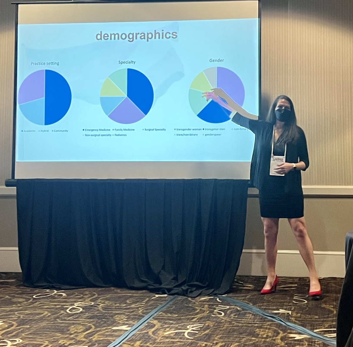 BaystateEM's tweet photo. .@LWestafer at #SAEM22 presenting her qualitative study on the experiences of transgender and gender expansive physicians 
⭐️transphobia &amp; biases common
⭐️result of rigid gender paradigm &amp; structural factors
➡️ can ⬆️ burnout, stunt professional development &amp;⬇️ representation https://t.co/0JgUHpTYhi