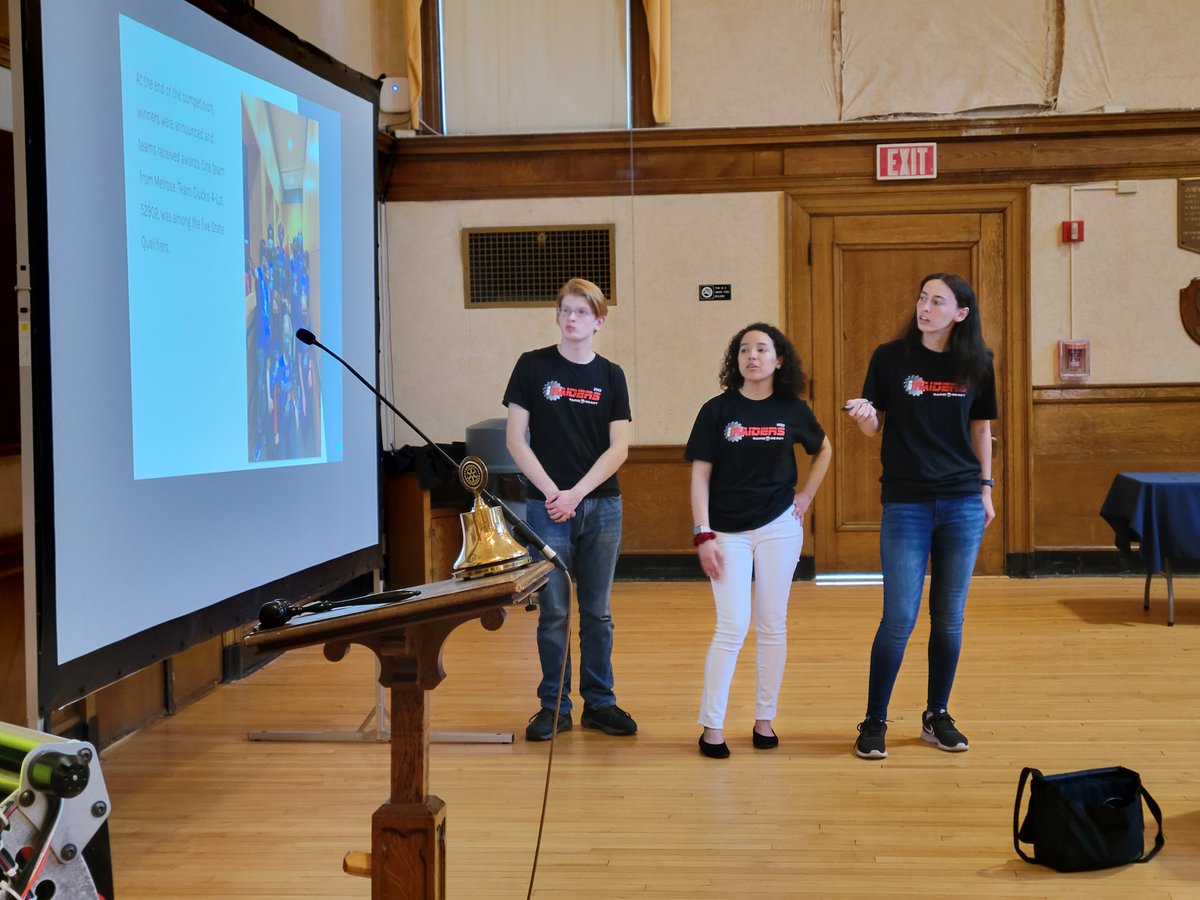 MsGiovanardiMHS's tweet photo. Today three seniors from the @MelroseRobotics team presented our accomplishments at the Melrose Rotary luncheon @MelroseMemHall. What a great job they did! The members especially loved when we showed the robot in action! https://t.co/WwYRezQUvJ