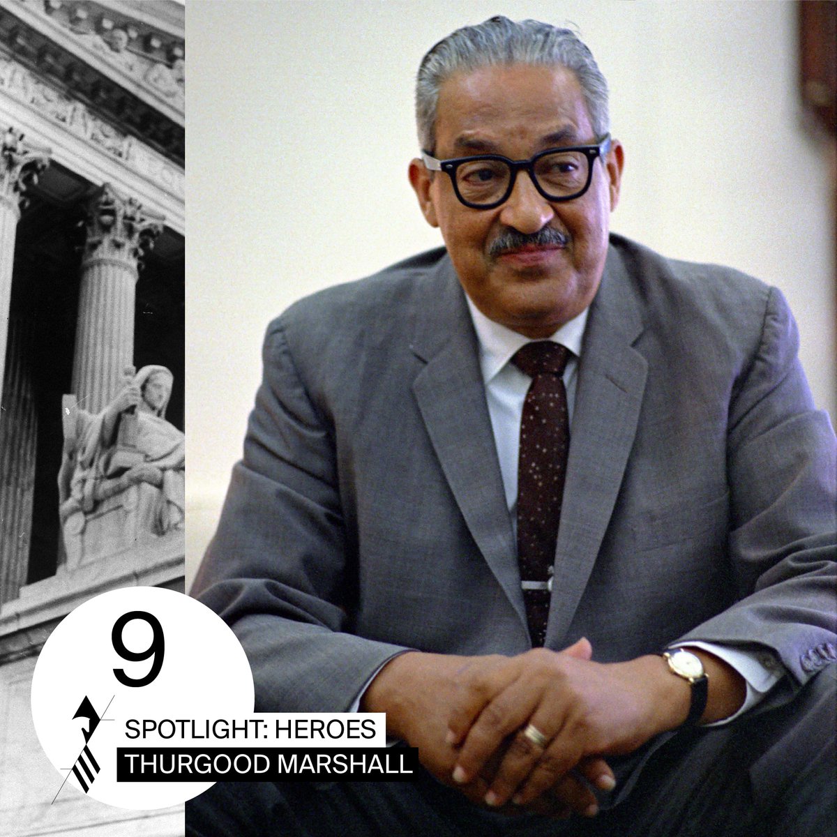 PreaknessStakes's tweet photo. Spotlight 9 shines on civil rights activist and former Supreme Court Justice, Thurgood Marshall. The first African-American Supreme Court Justice and founder of the NAACP Legal Defense and Education Fund was born right here in Baltimore. #Spotlight47 #Baltimore1ST #SecondToNone https://t.co/8vzEs7TKPm
