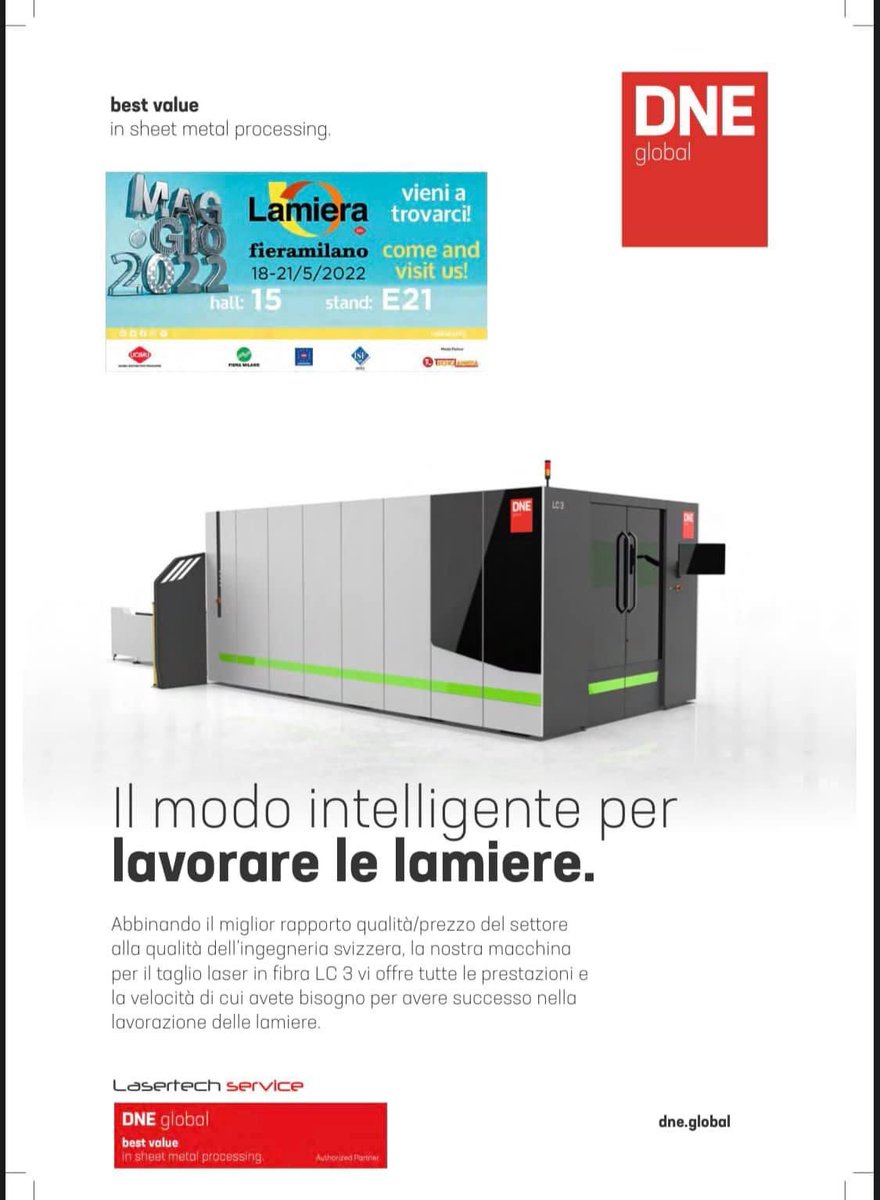 Lasertech_'s tweet photo. Lasertech Service Srl Vi aspetta numerosi a Lamiera 2022 dal 18/05 al 21/05 Padiglione 15 Stand E21 per presentarvi in anteprima europea un nuovo impianto per il taglio laser in fibra
#dneglobal #lasertechservice #bestdeal #tagliolaser #lamiera2022 https://t.co/kY9CRAnTUM