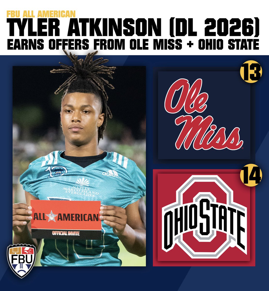 FBUcamp's tweet photo. 2026 DL @16TylerAtkinson adds @ohiostatefb and @olemissfb to his growing list of offers. 

Congratulations ✅

#FBU #GetBetterHere https://t.co/bQHYK3MiTC