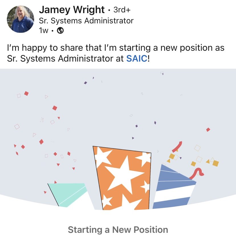 SAICjobs's tweet image. #NewJob at @SAICinc 🎉 Congratulations, Jamey Wright #SystemsAdmin