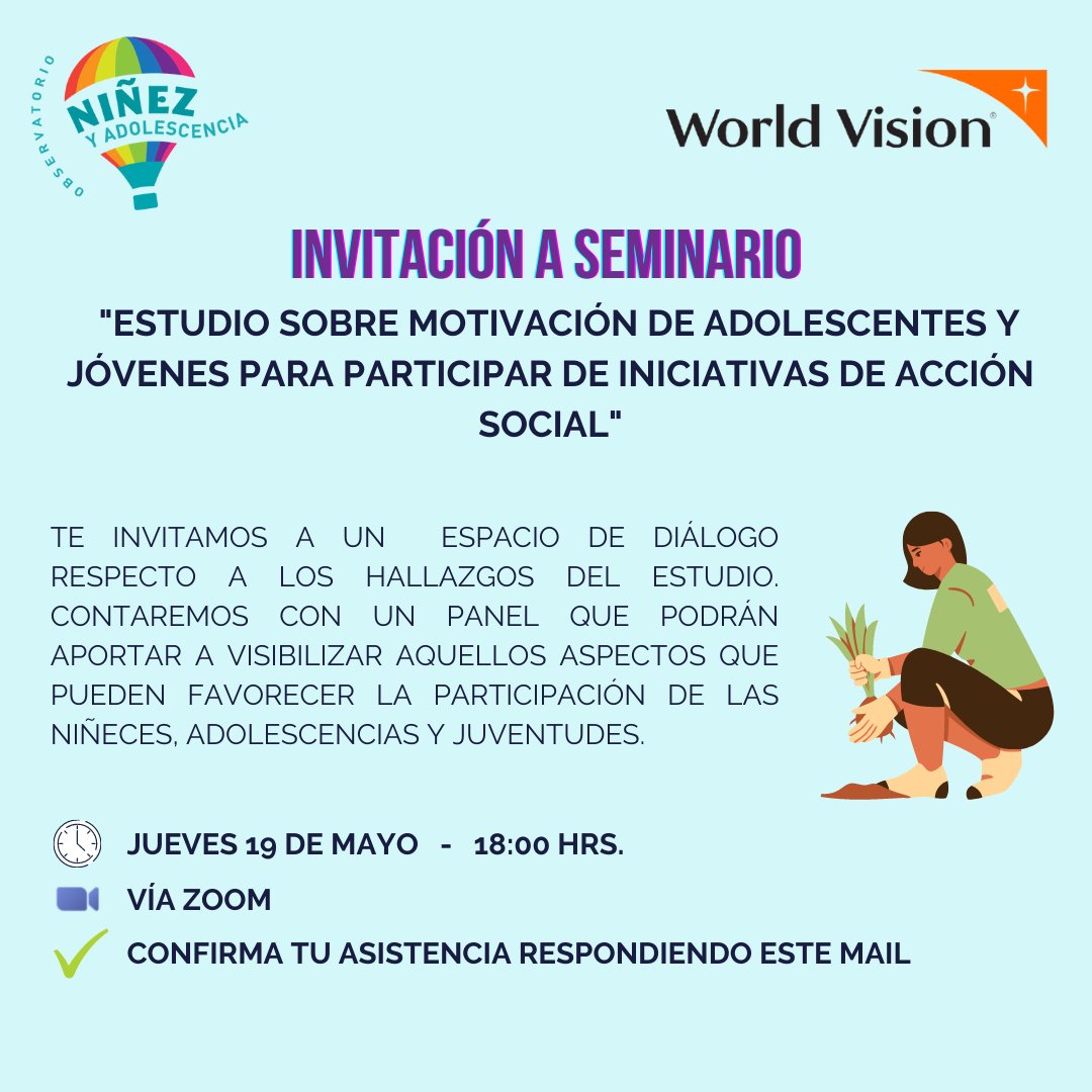 WorldVisionCHL's tweet photo. Los invitamos al Seminario de presentación de resultados del "Estudio Sobre Motivación de #Adolescentes y #Jóvenes para Participar de Incidencias de Acción Social", que será online. ¿Interesado/a? Inscríbete acá: https://t.co/9cxxBmhPez ¡Te esperamos! 
cc @observaninez https://t.co/T3C28w3Zo5