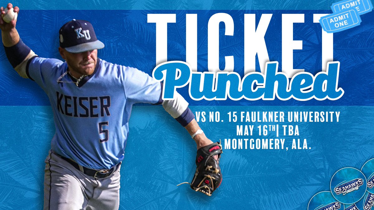 KeiserBaseball's tweet photo. 🚨𝗠𝗼𝗻𝘁𝗴𝗼𝗺𝗲𝗿𝘆 𝗕𝗼𝘂𝗻𝗱🚨

Keiser will head to Montgomery, Ala., as the No. 3 seed.  The Seahawks will face the No. 2 seed Faulkner Eagles on Monday, May 16.

#DefendtheBeach #SUNBSB #NAIABaseball https://t.co/FKF3QlyQAL