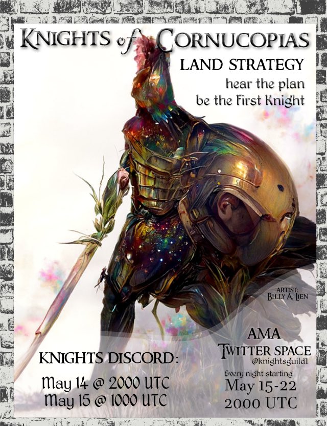 theknightsguild's tweet photo. Exciting times for The Knights Guild… two discord presentations - nightly twitter spaces - come and find out about our launch NFT with great utility and our land and reward strategy #CNFT #cnft #Metaverse #P2E #NFTCommunity #NFTGame #Cardano @CornucopiasGame https://t.co/KTCKodTg99