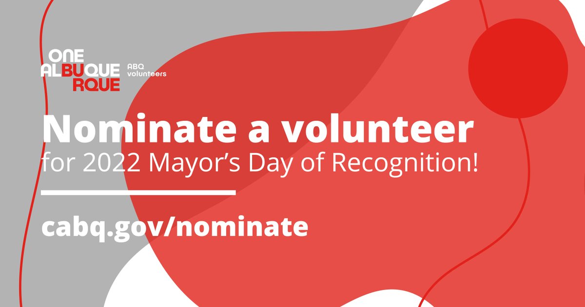 Tomorrow is the last day to nominate an exceptional volunteer or member of the community who goes above and beyond in service at cabq.gov/nominate! Awards to be presented by <a href="/mayorkeller/">Mayor Tim Keller</a> #OneAlbuquerque #OneABQVolunteer #MayorsDayofRecognition2022 #VolunteerRecognition