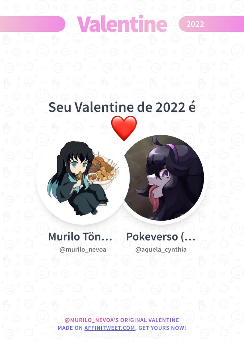 ✨ Valentine 

Este ano você é meu(minha) aquela_cynthia! ❤️
E você, quem será seu?

➡️ affinitweet.com/valentine