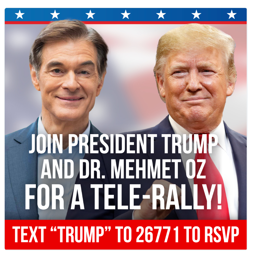 Happening TONIGHT - Tele-rally with President Donald J. Trump! Text “TRUMP” to 26771 to RSVP.
