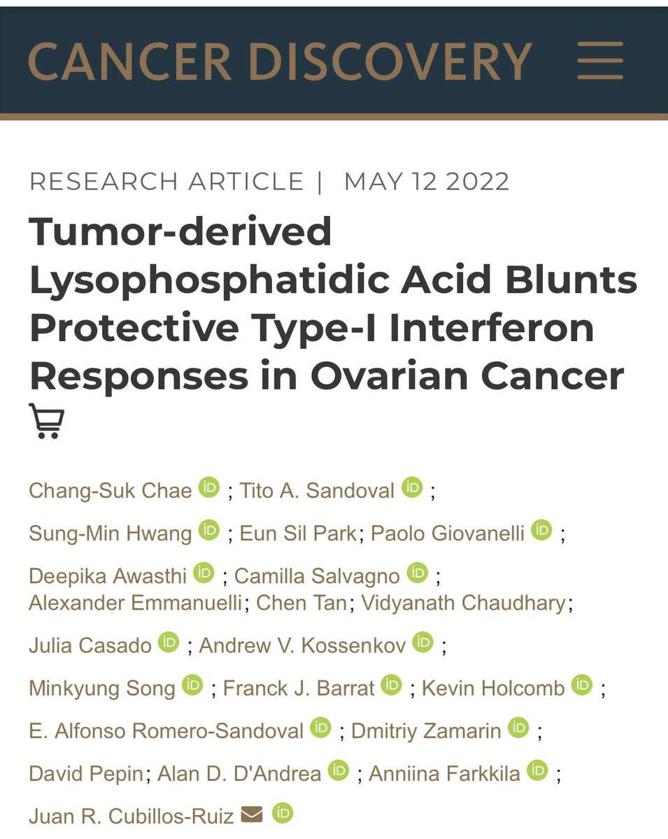 Our new study, online today <a href="/CD_AACR/">Cancer Discovery</a>, uncovers the  immunosuppressive role of lysophosphatidic acid (LPA) in #OvarianCancer - LPA inhibits type-I IFNs, and ovarian tumors unable to produce this lipid become sensitive to #Immunotherapy 
doi.org/10.1158/2159-8…  🧵👇