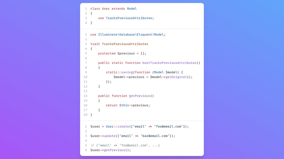 heystevebauman's tweet photo. Since Laravel will re-sync a models $original properties after a save(), you can keep a copy of those original properties with a simple trait. This is super useful for determining what a models previous values were in event listeners 👌 https://t.co/ioKTYt61DJ