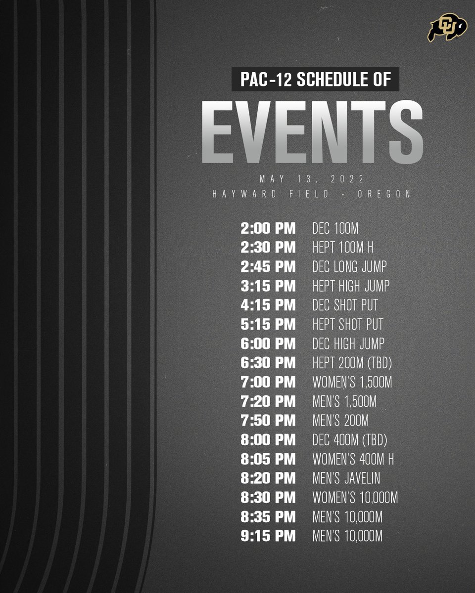 CUBuffsTrack's tweet photo. The wait is over!

The Pac-12 Championships begin today with the multis, prelims on the track and the 10k finals!
#GoBuffs

ℹ https://t.co/IIk5dOP3p3 https://t.co/GVWblAOSlu