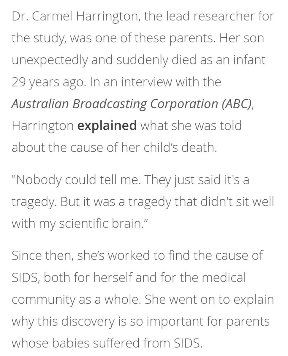 They found the cause of SIDS
THEY FOUND THE CAUSE OF SIDS

Excuse me while I cry for all the parents, including lead researcher Dr Carmel Harrington, who lived with guilt. And cry happy tears for parents in the future who will have access to screening and prevention. 😭