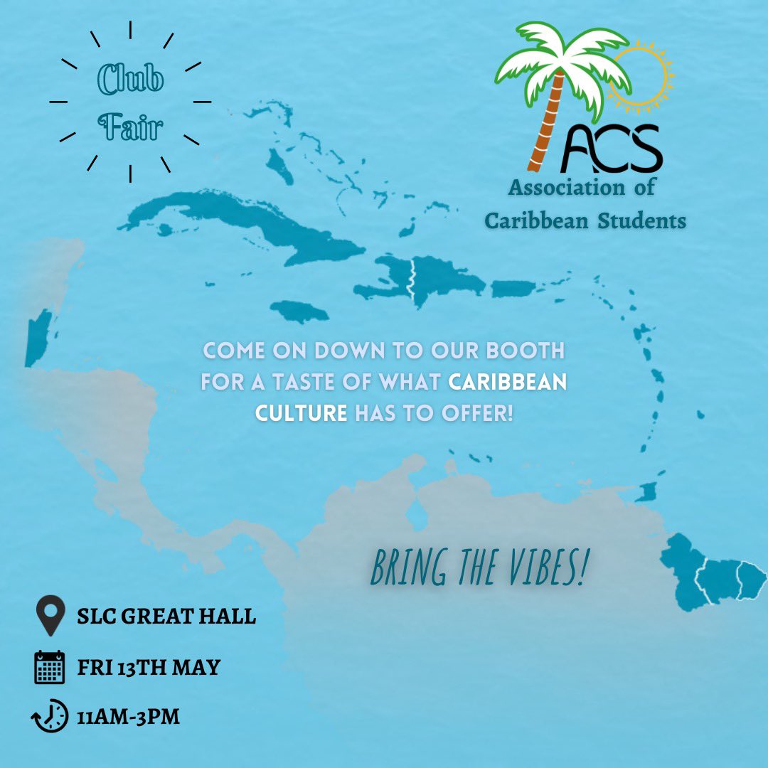 Looking for something to do on campus tomorrow? 

Come down to the SLC Great Hall for some Caribbean vibes and to view our booth!💃

We’ll be there from 11am - 3pm to tell you all about our club🔥

#universityofwaterloo