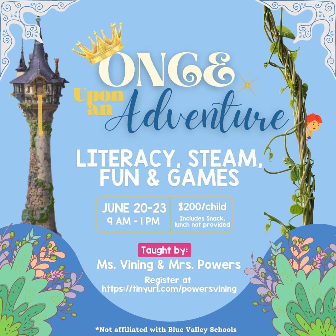 registration is open for our Once Upon An Adventure summer day camp! Incoming 1st-3rd grade children are eligible to register. The camp will be held in person at Wolf Springs elementary. However, your child does not need to attend Wolf Springs to attend the camp! 🙂