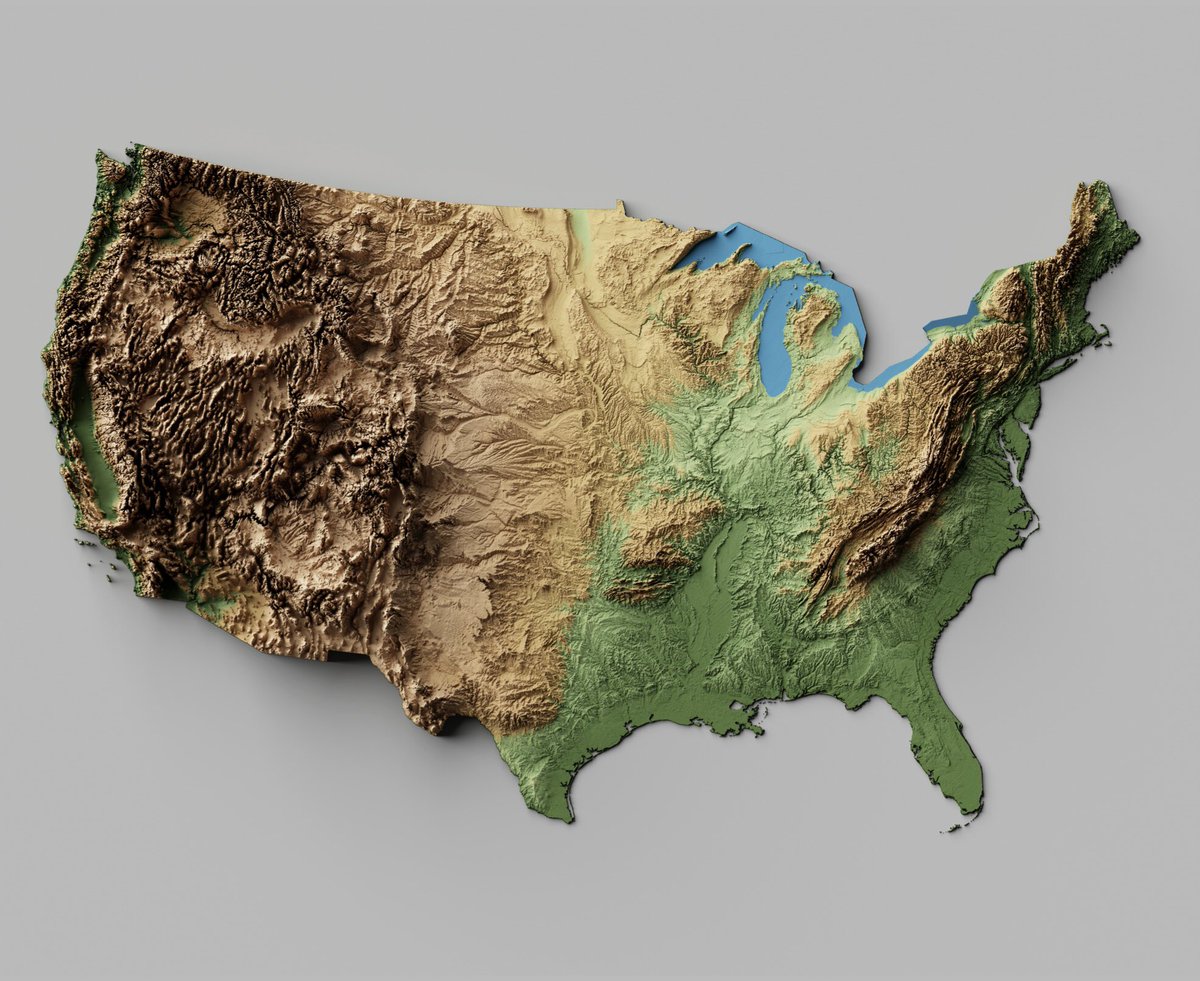 _geography_geek's tweet photo. An exaggerated relief map of the lower 48. This really highlights the difference in elevation between the eastern and western sides of the country. 

Prints of this map are now for sale on my website. - https://t.co/7XYnNfuO6M https://t.co/5EJFeQNIOA