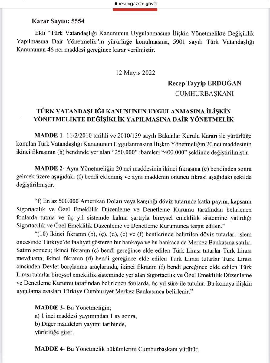 Az önce resmi gazetede yayınlandı. Türkiye Cumhuriyeti vatandaşı olabilmek için gereken miktar 400 bin dolara çıkarıldı.
Bu bir kişiyi değil tüm aileyi kapsıyor. Örneğin 5 çocuklu bir aile düşünün toplam 7 kişi T.C. vatandaşı olabiliyor.