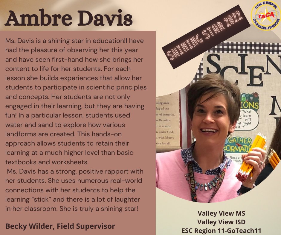 TACA_Texas's tweet photo. Congratulations to Ambre Davis, a Shining Star Intern from @GoTeach11 serving students in @valleyviewisd. Thank you for joining the profession! #TeacherAppreciationWeek is every week. https://t.co/uHSpNXEUF1