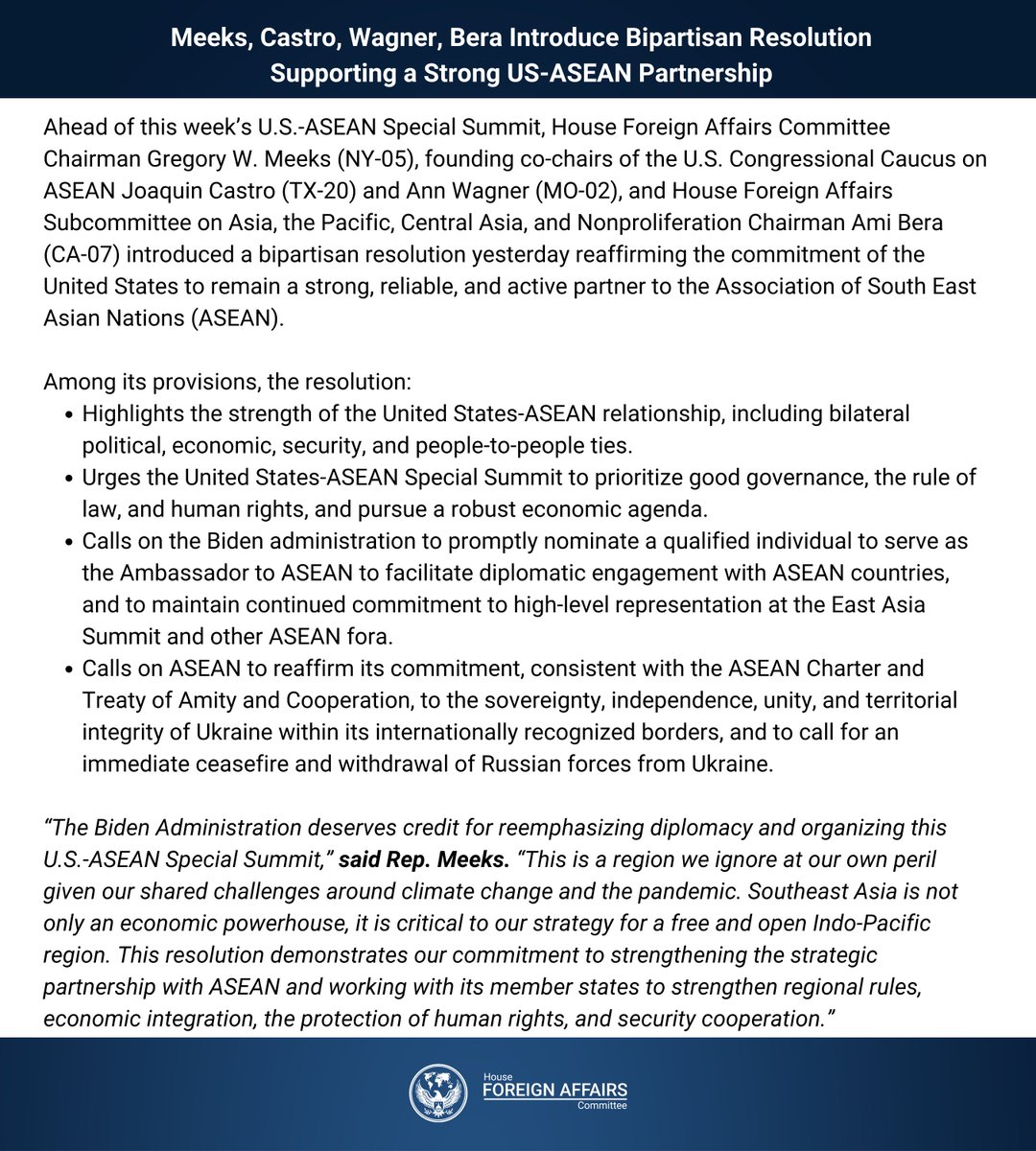HouseForeign's tweet photo. Chair @RepGregoryMeeks, US Congressional Caucus on ASEAN Co-Chairs @JoaquinCastrotx and @RepAnnWagner, and Chair @RepBera introduce bipartisan resolution supporting a strong US-ASEAN partnership: https://t.co/EjhNElVjkZ