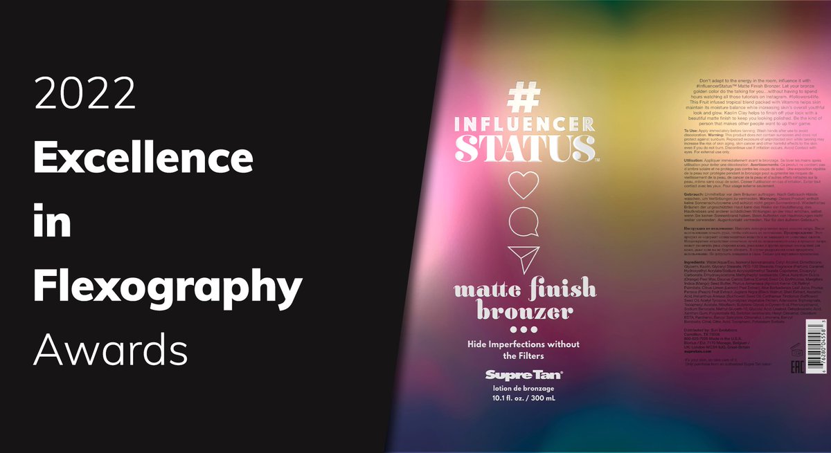 FlexTechAssn's tweet photo. The #InfluencerStatus Matte Finish Bronzer Wrap printed by @McDowellLabel won a silver award in the narrow web category of the 2022 FTA Excellence in Flexography Awards.
See all the winners at https://t.co/Gyhe2tOkYR #flexcellence #flexography #packaging https://t.co/PFz1H4Wprx