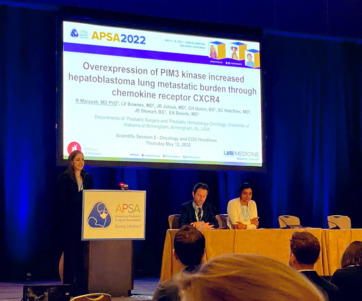 Brilliant presentation by <a href="/UABSurgery/">UAB Surgery</a> resident and <a href="/BeierleLab/">Beierle Lab</a> member Dr. <a href="/RMarayati/">Raoud Marayati</a> at #APSA22 on her work exploring PIM kinase’s role in promoting hepatoblastoma mets via CXCR4. Thanks for letting us borrow her from your service Dr. <a href="/herbchen/">herb chen</a>! <a href="/APSASurgeons/">APSA Surgeons</a>