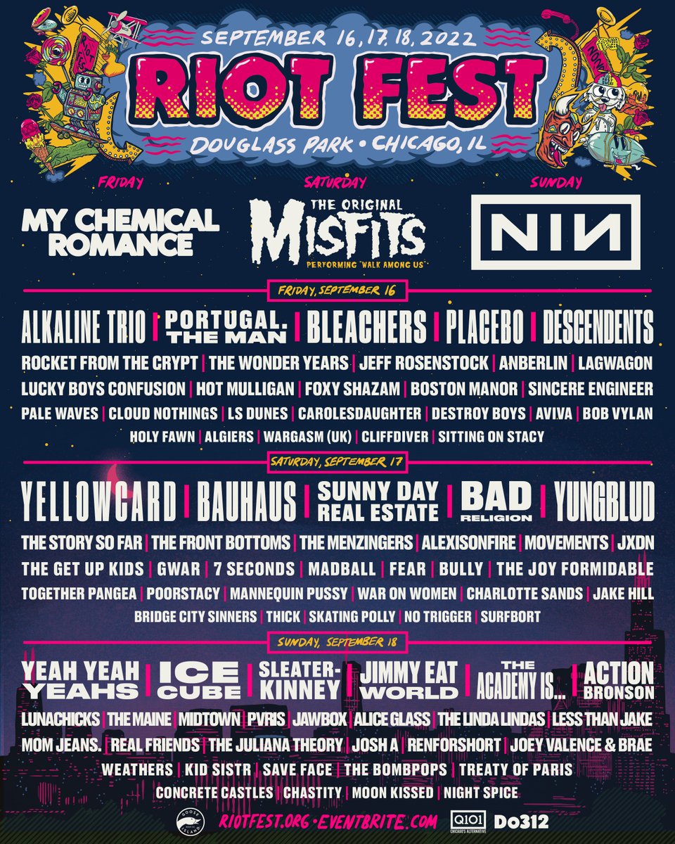 The Riot Fest lineup is here and tickets are ON SALE NOW! RT and tag your favorite band and we'll pick a winner on Monday to win a pair of GA tickets to Riot Fest 2022: ow.ly/TwoP50J5fjn
