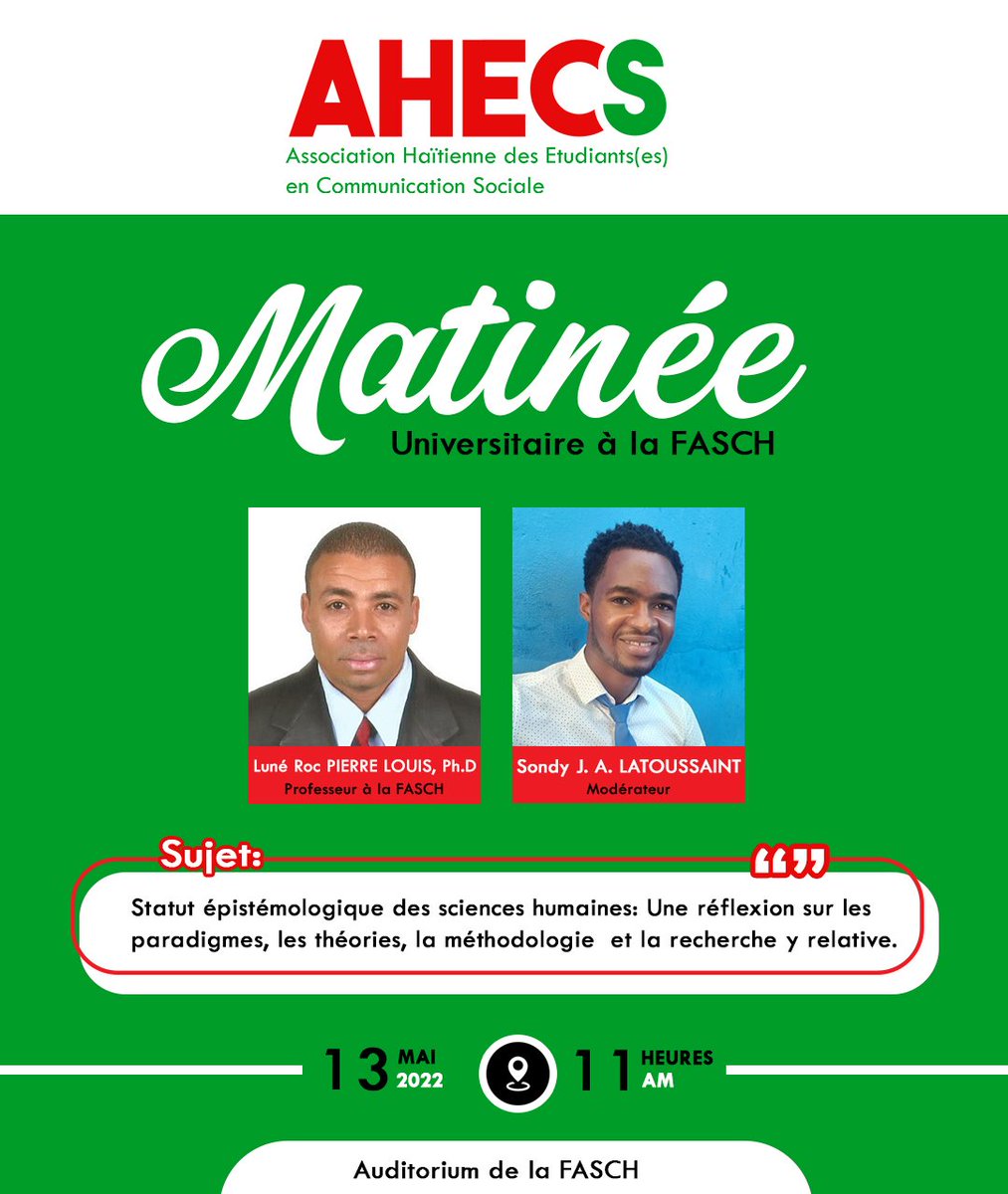 C'est pour demain, nous vous attendons à la FASCH, à 11Heure. Le professeur Luné Roc Pierre Louis fera un exposé sur le statut épistémologique des sciences humaines. #ahecs #echangerpourchanger