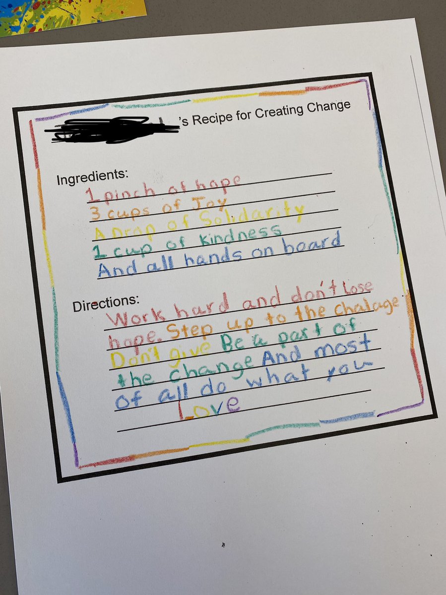Ms_DeGroff's tweet photo. Closing out our Civil Rights Movement unit in reading by creating a “Recipe for Change” - Students spent time reflecting on how they can be advocates for justice and equality ❤️ https://t.co/LL6xk4JY5a