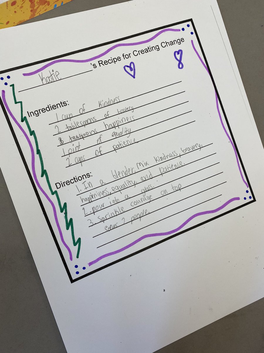 Ms_DeGroff's tweet photo. Closing out our Civil Rights Movement unit in reading by creating a “Recipe for Change” - Students spent time reflecting on how they can be advocates for justice and equality ❤️ https://t.co/LL6xk4JY5a