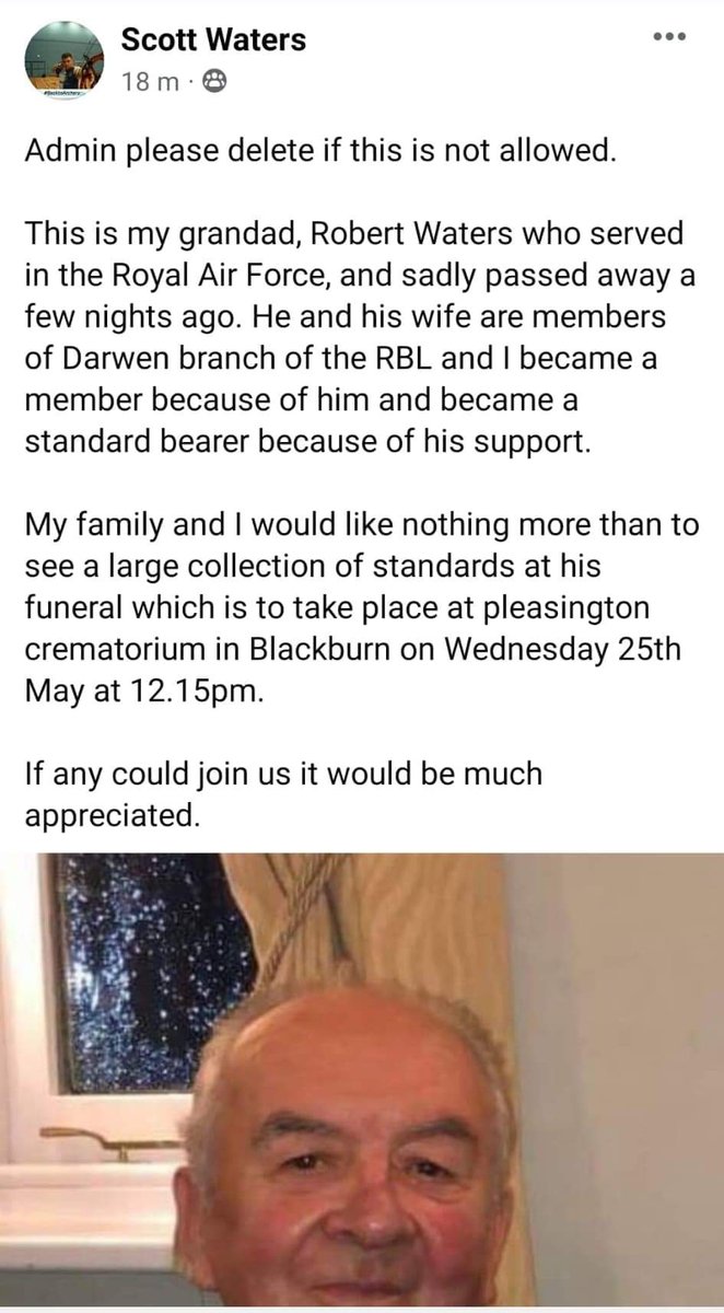 Any veterans in the Blackburn area able to give this RAF Vet a hero's send off? 👊🇬🇧 May 25th, 12:15pm @ Pleasington Crematorium.