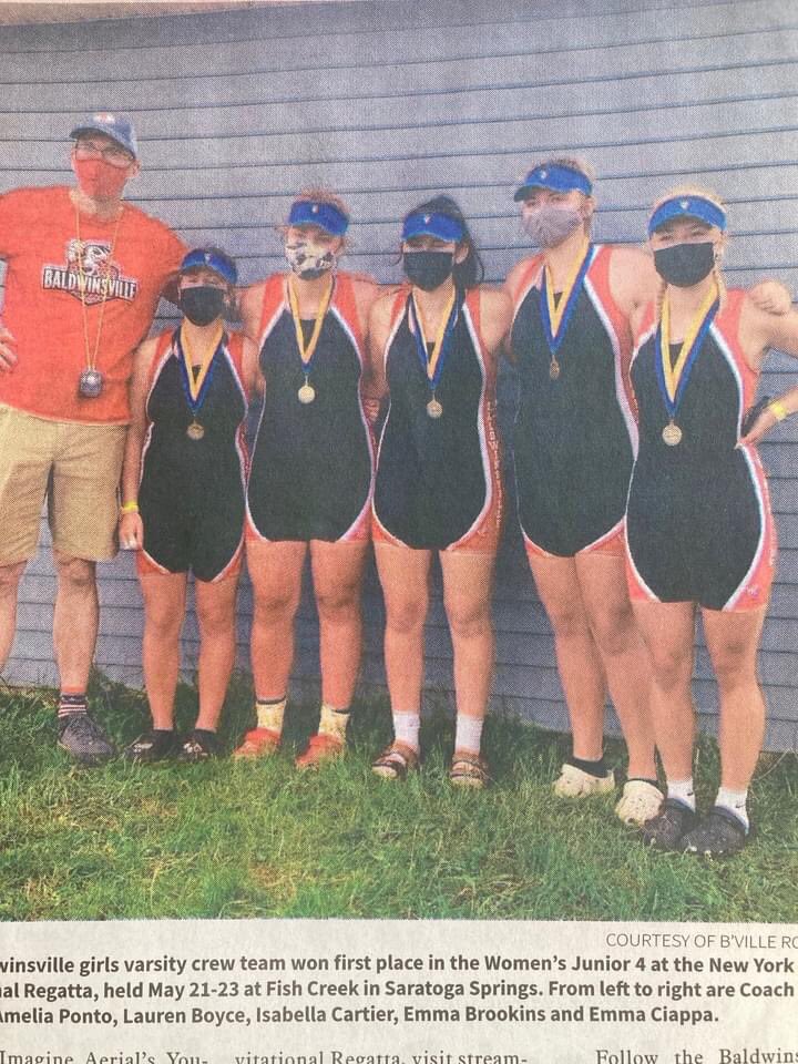 BvilleRowing's tweet photo. And last year’s NYS champs! The Junior 4 boat 2021. Some of these girls will be rowing in the Senior 4 boat on Saturday. 🥇🥇🥇 @Bville_Bees https://t.co/r4McMGvPZK