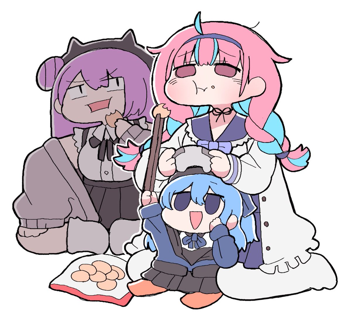 hoshimachi suisei ,minato aqua ,tokoyami towa multiple girls 3girls food hat purple hair blue hair pink hair  illustration images