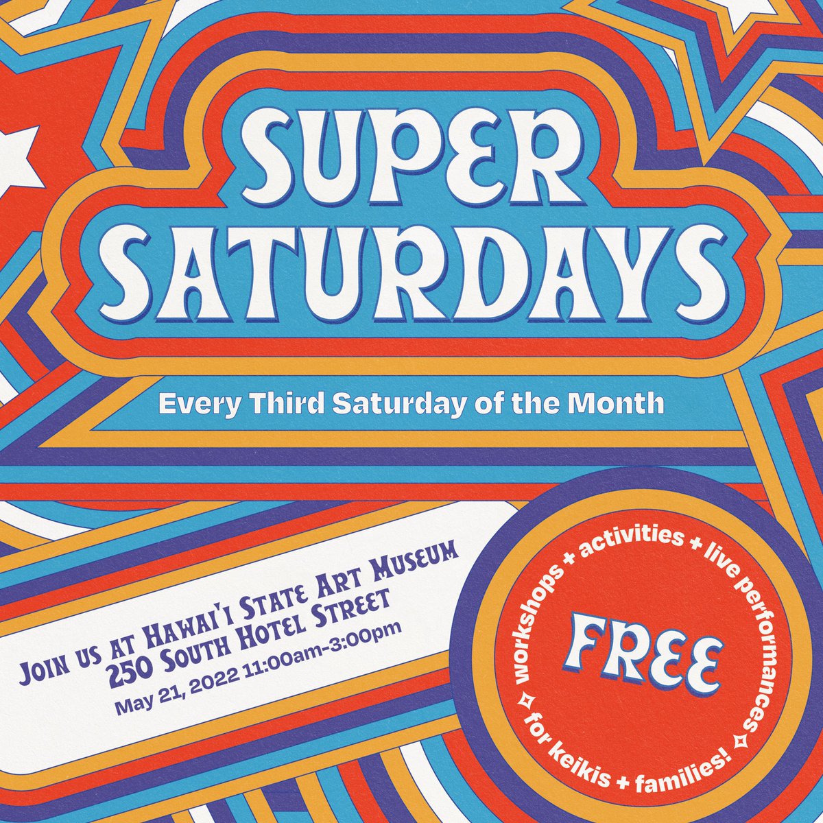 capitolmodern's tweet photo. Mark your calendars π Super Saturday is happening at HiSAM on May 21st! FREE and for all ages - always. Mahalo to @CPBHawaii Foundation for making this event possible.
#HawaiiStateArtMuseum #HiSAM #HiSAMEvents #SuperSaturdays #OahuEvents #CentralPacificBank #CPBFoundation https://t.co/HzU8oO8VUU