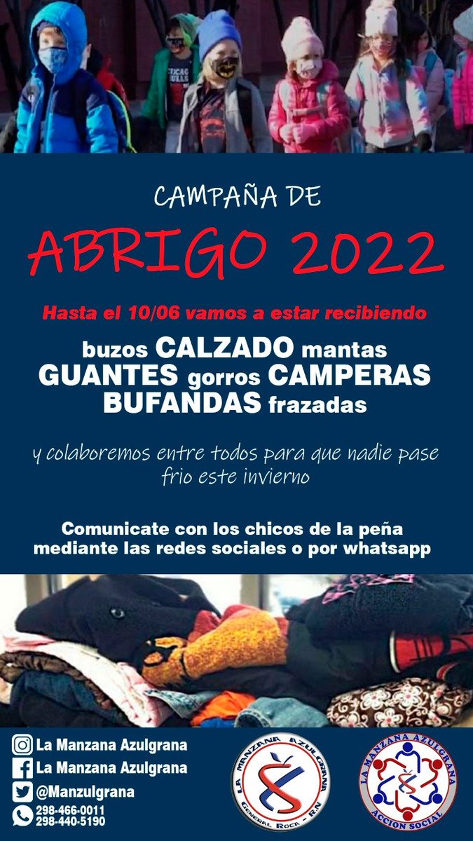 Una vez más, y por 7mo año consecutivo 🎉🎉, realizamos la "Campaña de Abrigo".
Desde nuestra peña y con la colaboración de todos sin importar colores ni sentimientos. 
❄️🧣🧤🥾🧥👖👢
*¡De todos los hinchas para todos los hinchas!* 👨‍👩‍👦👨‍👩‍👦