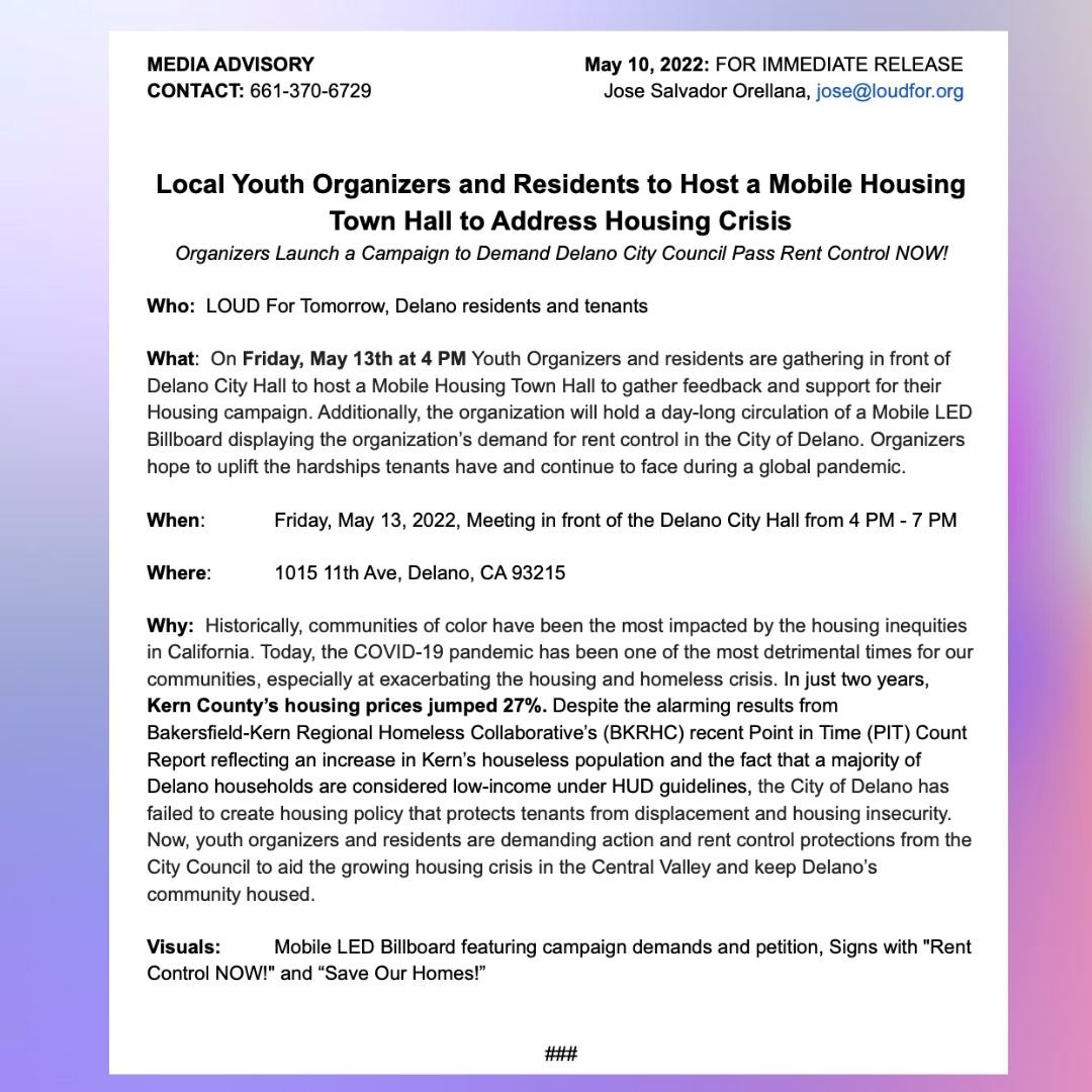 loud4tmrw's tweet photo. MEDIA ADVISORY: Local Youth Organizers and Residents to Host a Mobile Housing to Address Housing Crisis https://t.co/vwRepae2r9