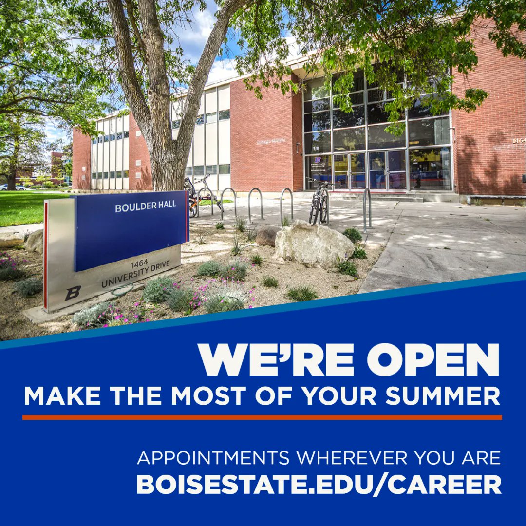 Summer is a great time to get help with your career plans. Looking for a summer job, internship, mentor, or building your career plan for fall? Make a video/phone/email appointment no matter where you're spending the summer. #HireBoiseState #BeyondBoiseState #MakeCollegeCount