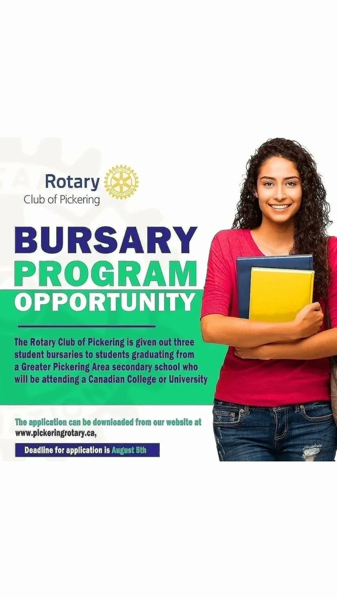 RotaryPickering's tweet image. The Rotary Club of Pickering will be giving out three student bursaries to students graduating from the Greater Pickering Area secondary school who will be attending a Canadian College or a University.  

The deadline for application is August 5th. 

Link:
pickeringrotary.ca/1144/Page/Show…