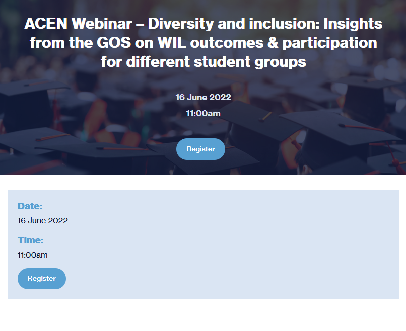 ACENau's tweet photo. Register for our upcoming webinar where we take a deep dive into the #WIL data for different student groups. 

"Diversity and inclusion: Insights from the GOS on WIL outcomes &amp; participation for different student groups"

https://t.co/2C1zMAZEjE https://t.co/1rApJO0MCJ