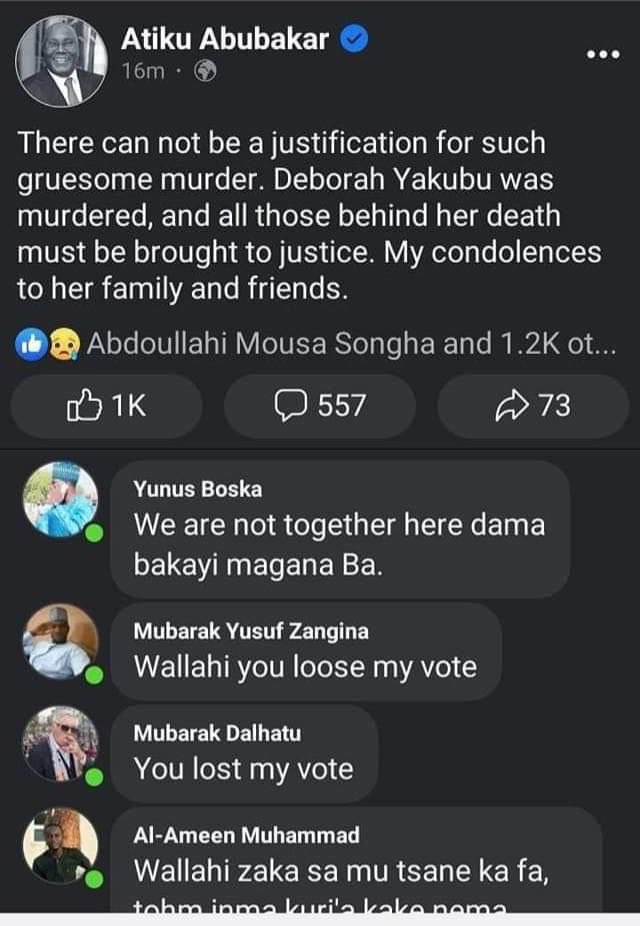 Ken_Henshaw's tweet photo. This post by Atiku Abubakar was deleted shortly after it was posted. His followers threatened to withdraw their support for his presidential bid. 

@atiku chose his presidential ambition over truth. He couldn’t stand by his condemnation of murder.  Sad https://t.co/CcCIKAey6C