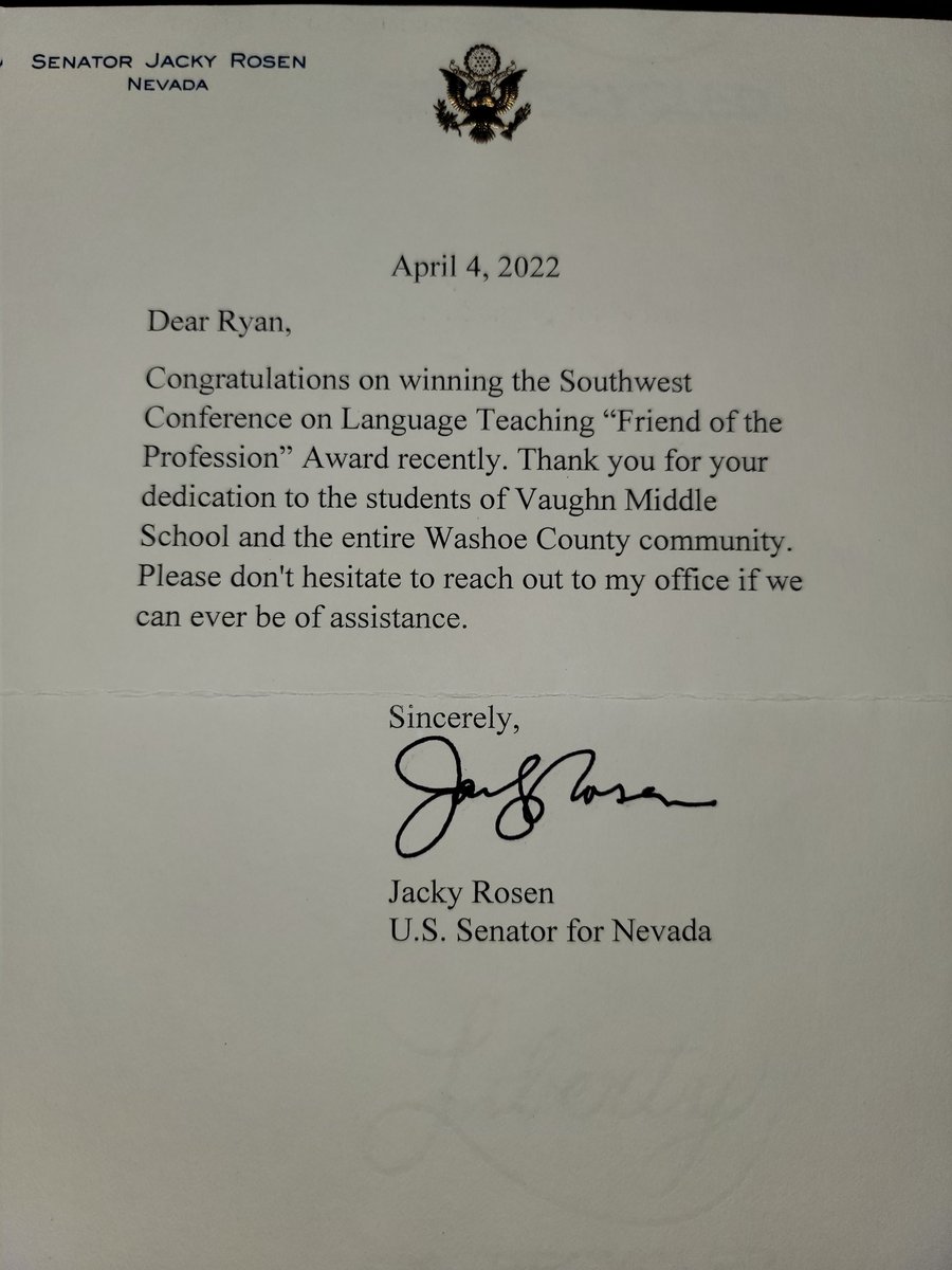 Thank you <a href="/SenJackyRosen/">Senator Jacky Rosen</a> <a href="/RosenforNevada/">Jacky Rosen</a> for this letter today! It made my whole day 💙