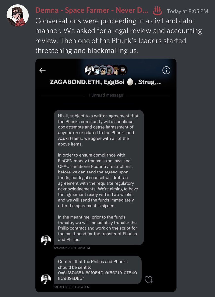 eranthe's tweet photo. This is the truth. Legalities are involved when there’s a transfer of large amounts of funds and contracts. This is standard practice in the business world. Please RT/share. Blackmail is unacceptable when the team is trying to be amicable. #azuki #phunks https://t.co/Q2jyb9AzRN