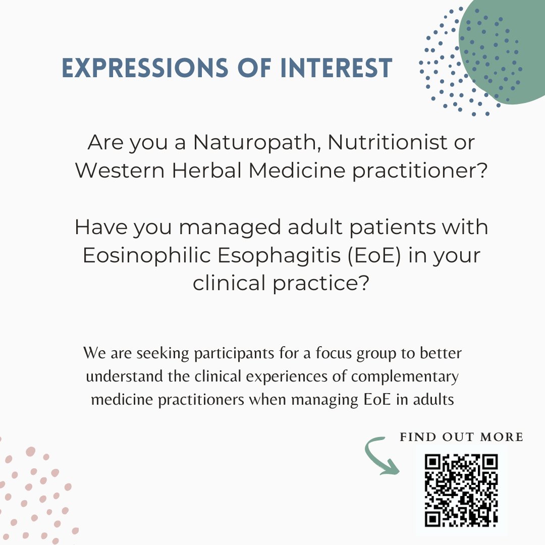 We are seeking expressions of interest from Naturopaths, Nutritionists and Western Herbal Medicine practitioners who have managed Eosinophilic Esophagitis in adults in the past 5 years, to participate in a focus group. Please visit scuau.qualtrics.com/jfe/form/SV_1S… to find out more.