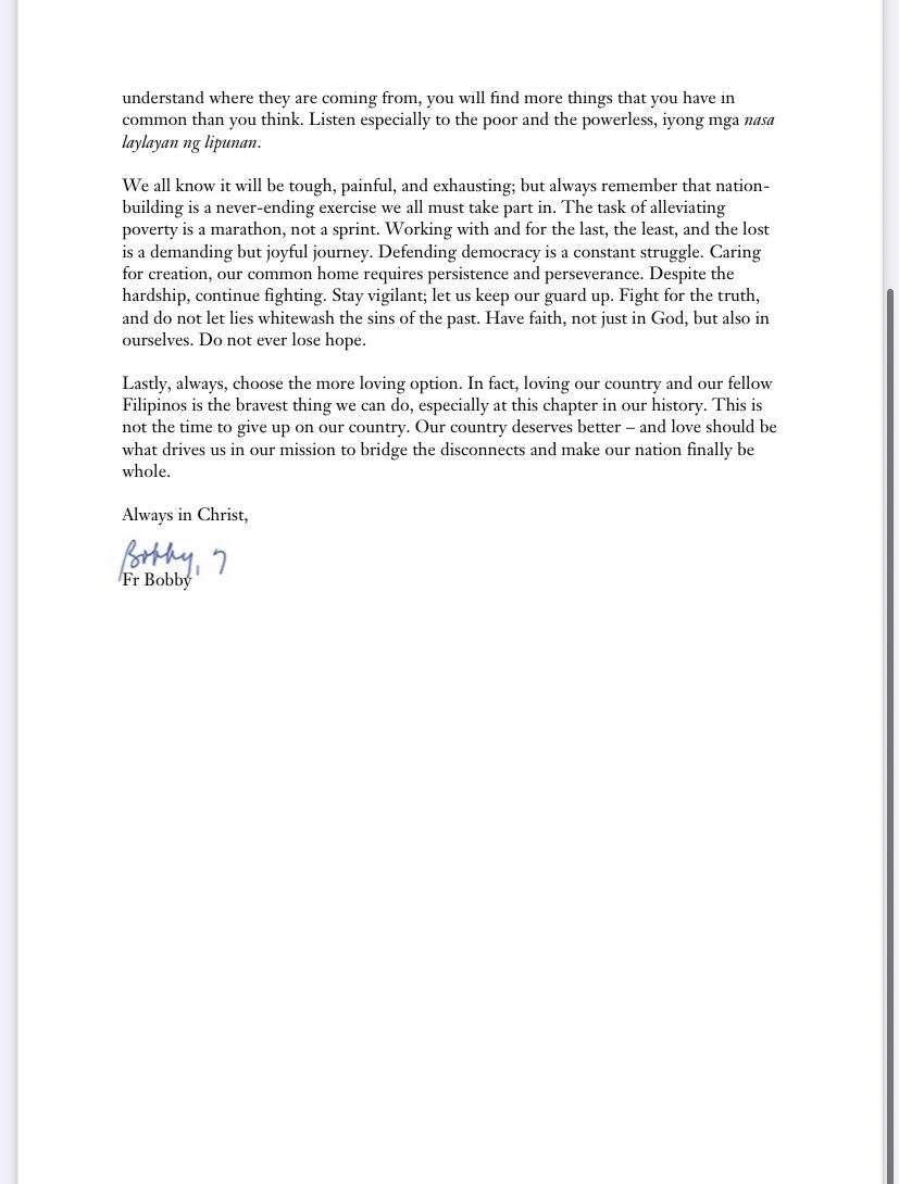 rapplerdotcom's tweet photo. Ateneo university president Fr Bobby Yap SJ pens an emotional letter following the aftermath of the 2022 polls.

“Fight for the truth, and do not let lies whitewash the sins of the past. Have faith, not just in God, but also in ourselves. Do not ever lose hope.” | @maracepeda https://t.co/iYPTSJB2sO