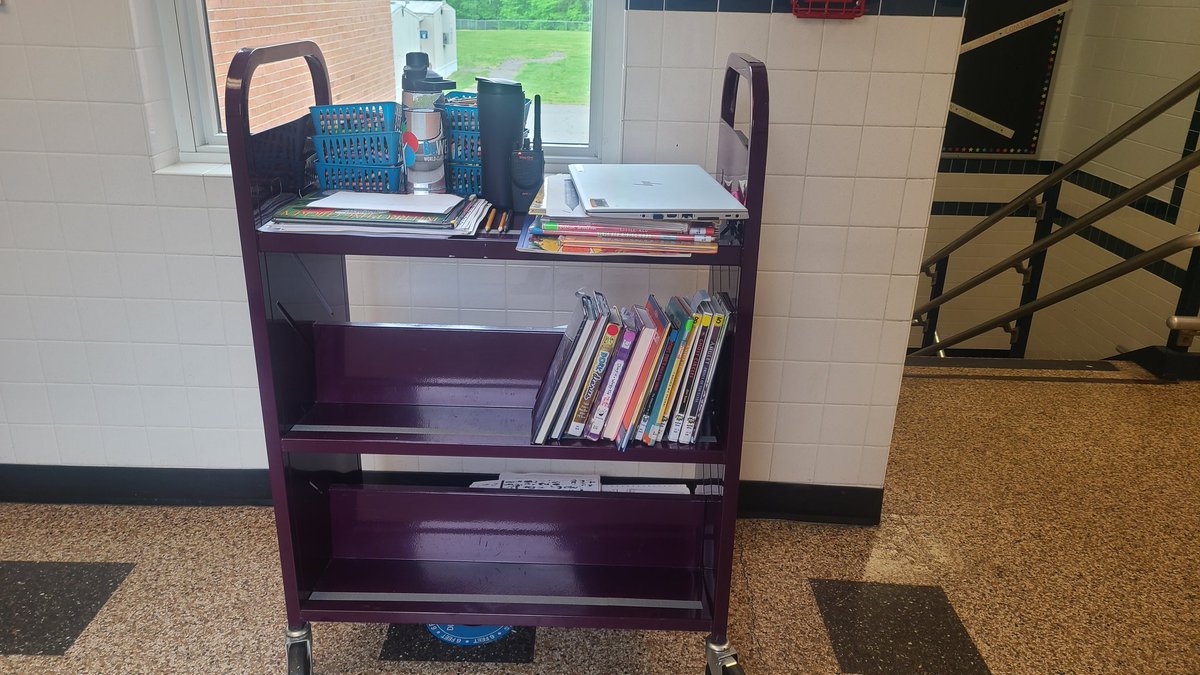 MsRosanne_reads's tweet photo. It's testing season which means this Librarian comes to her students a la Library on a cart! I'm still trying to come up with a snazzy name: "Roving Reader", "Bookcartmobile", and "Harold the Purple Cart" come to mind. #keeprollingrollingrolling #SOLS https://t.co/8q1tuB9gTA