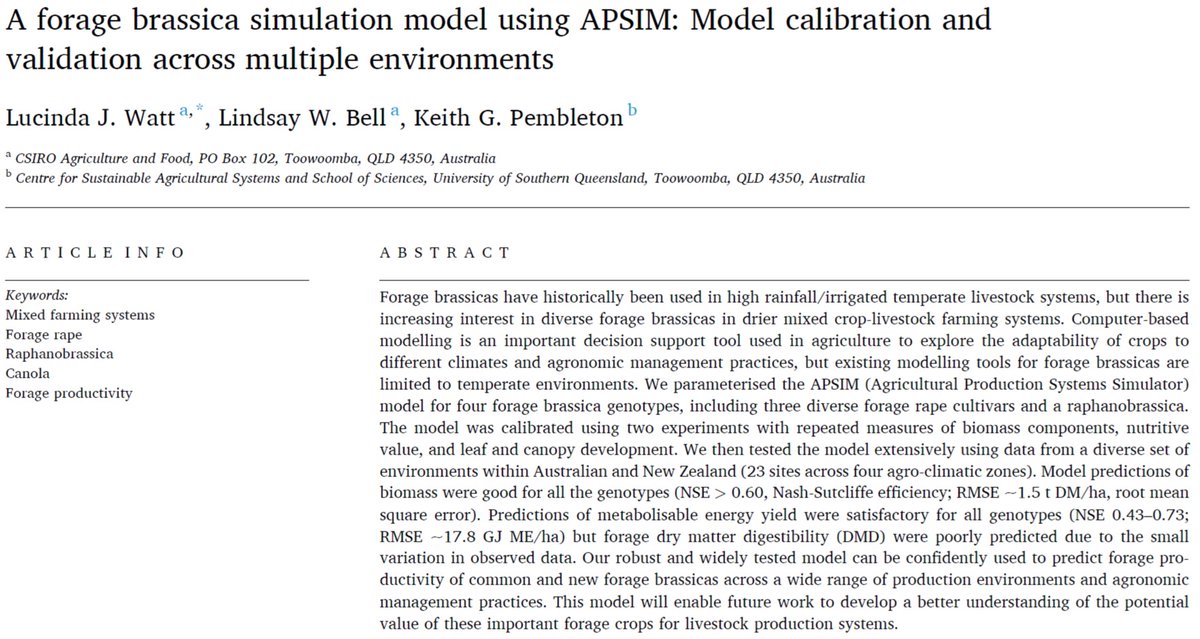 lindsaywbell's tweet photo. With increasing interest in forage #brassicas, we now have improved ability to #model their production and quality across a range of environments and management in #APSIM. See our article just published
https://t.co/vC1PnaLcQb @LucyWatt5 @meatlivestock @KeithPembleton https://t.co/facl2mhEEf